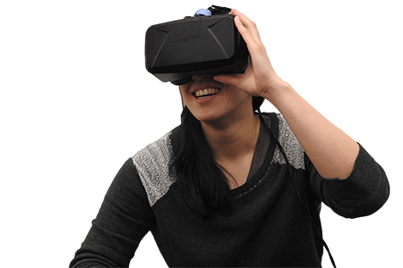 a woman wearing a set of virtual reality goggles